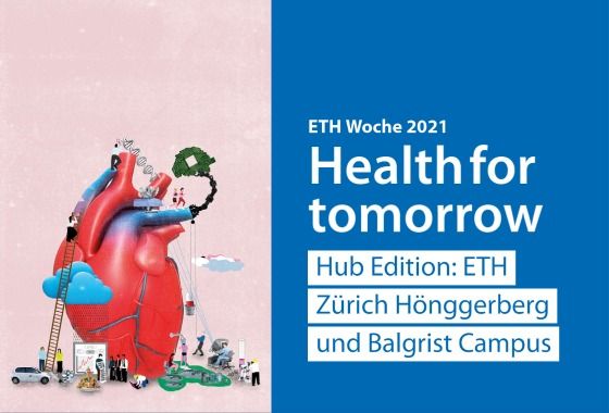 ETH Woche erstmals am Balgrist Bild des Forschungscampus und auf der rechten Seite Text auf blauem Hintergrund