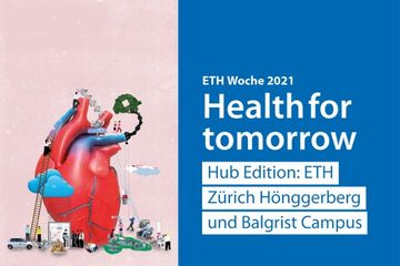ETH Woche erstmals am Balgrist Bild des Forschungscampus und auf der rechten Seite Text auf blauem Hintergrund