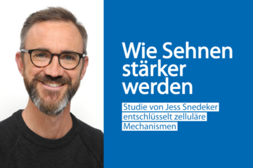 Neue Studie zu molekularem Kraftsensor Linke Hälfte: Portrait von Prof. Jess Snedeker. Rechte Hälfte: Kurzer weisser Text auf blauem Hintergrund