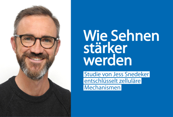 Neue Studie zu molekularem Kraftsensor Linke Hälfte: Portrait von Prof. Jess Snedeker. Rechte Hälfte: Kurzer weisser Text auf blauem Hintergrund