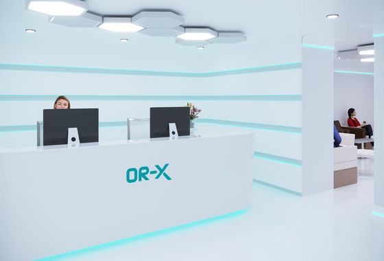 Die Réception ist mit einem Empfangsdesk ausgestattet.  Welcome Desk mit Computerbildschirmen und Empfangsmitarbeitenden