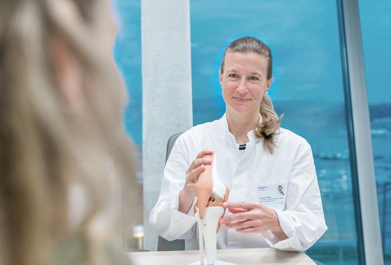 Orthopädische Sprechstunde: Am Knie-Modell erklärt Orthopädie-Ärztin Daniela Meyer, wo das Problem liegt. Orthopädie-Ärztin erklärt Beschwerden anhand eines Knie-Modells.