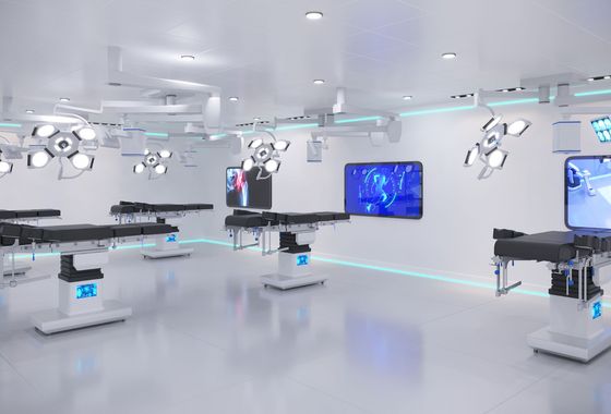 SkillsLab: Offene und arthroskopische Operationen auf konventionelle, computer- oder robotergestützte Weise. Visualisierung des SkillsLab mit fünf Arbeitsplätzen (Operationstischen) für das experimentelle Lernen der Chirurgen