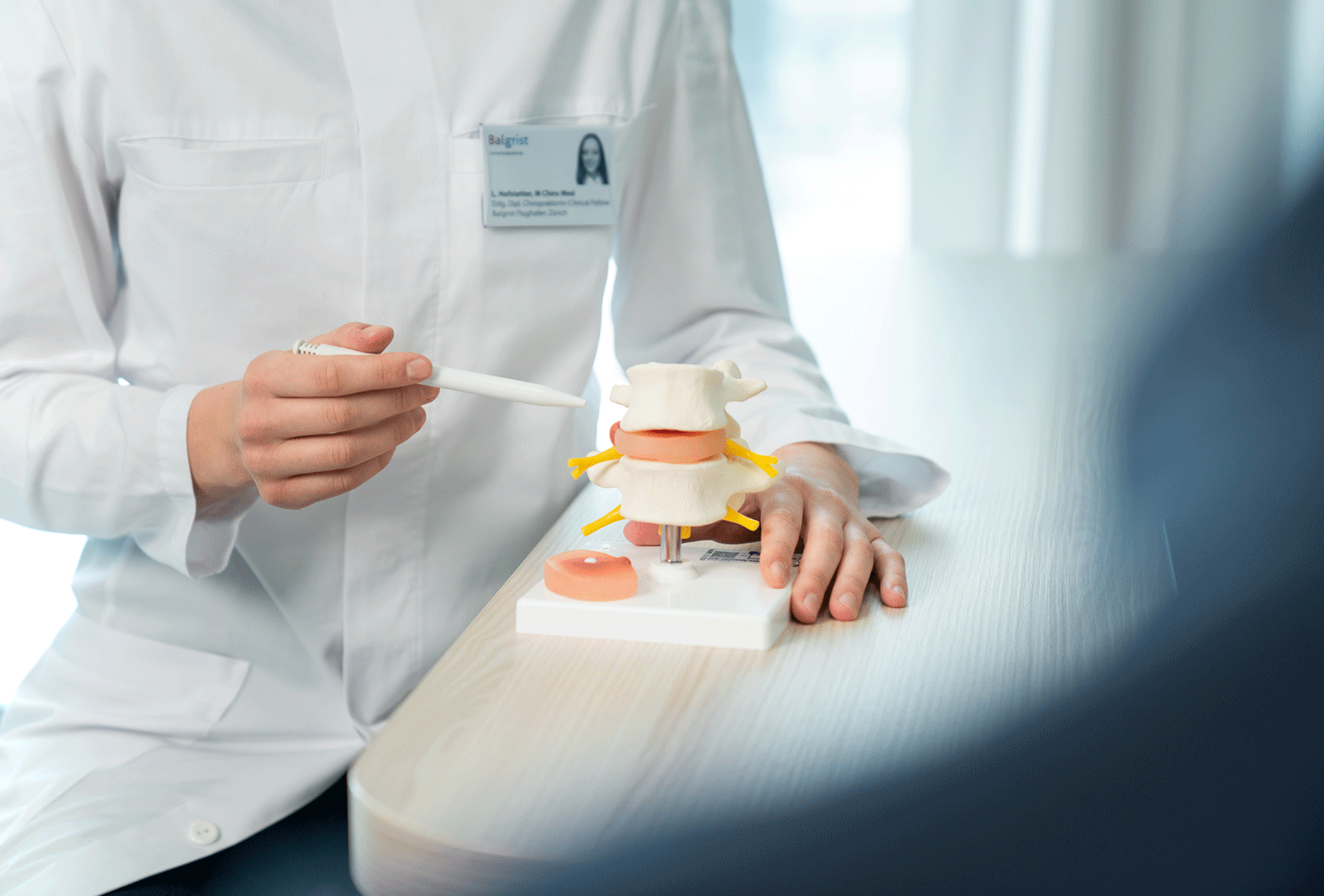 Eine Hand zeigt mittels Kugelschreiber die Anatomie am Wirbelsäulenmodell